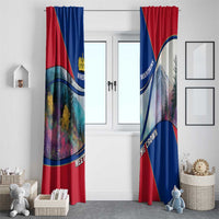 Two window curtain panels in red and blue with mountain landscape and crown emblem.