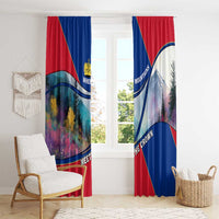 Red and blue window curtain panels with mountain view and gold crown crest.