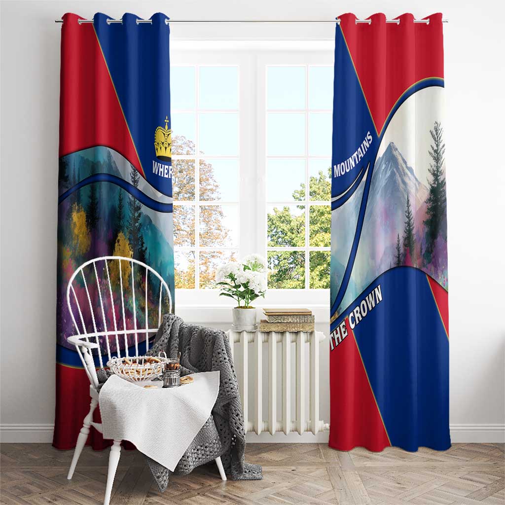 Red and blue window curtain panels with mountain artwork and crown emblem near radiator.