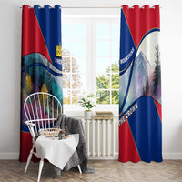 Red and blue window curtain panels with mountain artwork and crown emblem near radiator.
