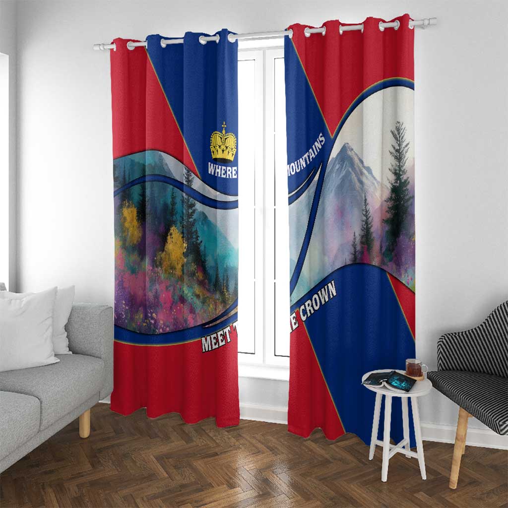 Red and blue window curtain panels with crown crest and mountain landscape on either side.