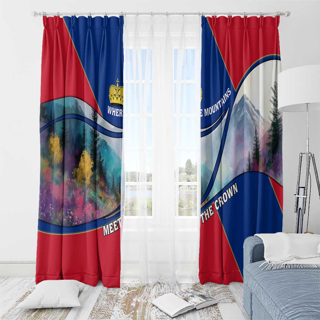 Window curtains in red and blue with mountain scene, gold crown emblem, and hanging hooks.