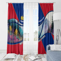 Window curtains in red and blue with mountain scene, gold crown emblem, and hanging hooks.