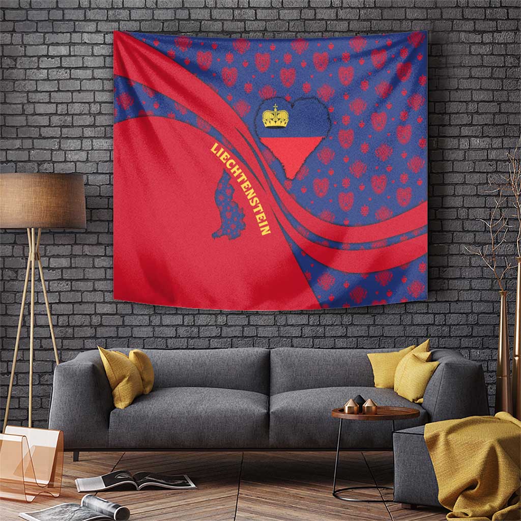 Liechtenstein Tapestry with Red Blue Heart Design and Royal Coat of Arms Pattern - Wonder Print Shop