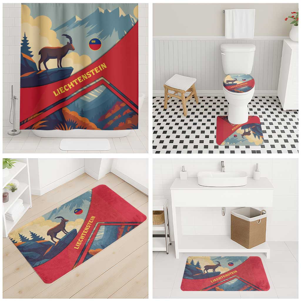 Bathroom set: shower curtain and red-blue rugs with mountain goat landscape design