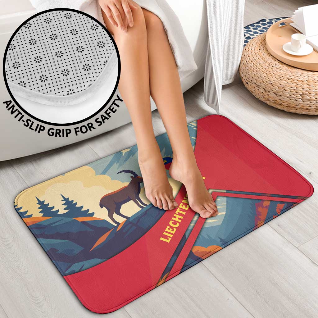 Red-blue anti-slip bathroom floor mat with multicolor goat landscape design