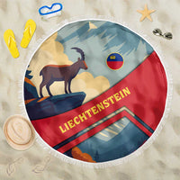 Round fringe beach blanket with goat and Alps graphic, red blue multicolor