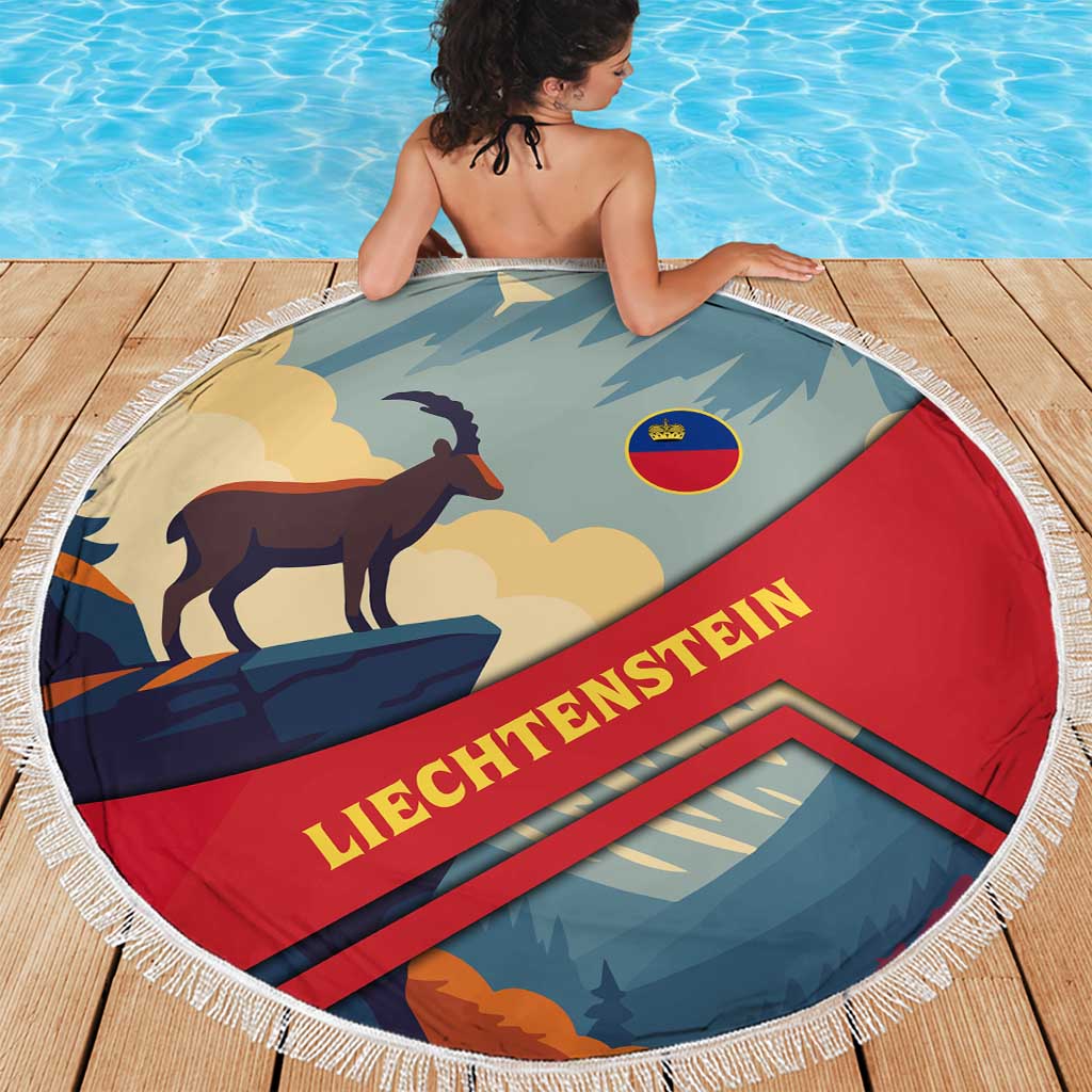 Round beach blanket with fringe border, goat and Alps landscape with LIECHTENSTEIN lettering