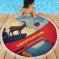Round beach blanket with fringe border, goat and Alps landscape with LIECHTENSTEIN lettering