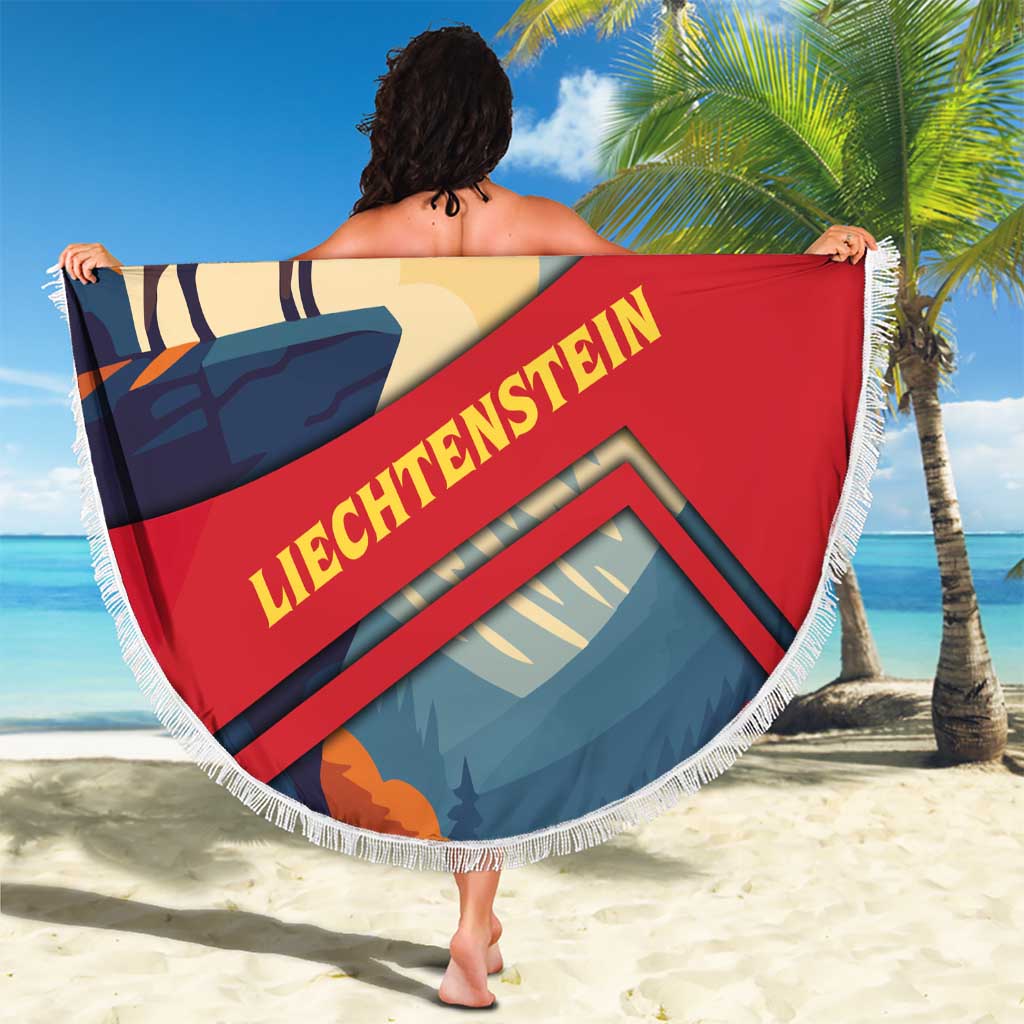 Round beach blanket with fringe, red blue Alps scene and LIECHTENSTEIN lettering