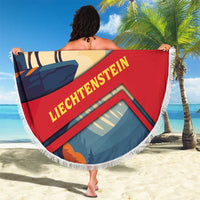 Round beach blanket with fringe, red blue Alps scene and LIECHTENSTEIN lettering
