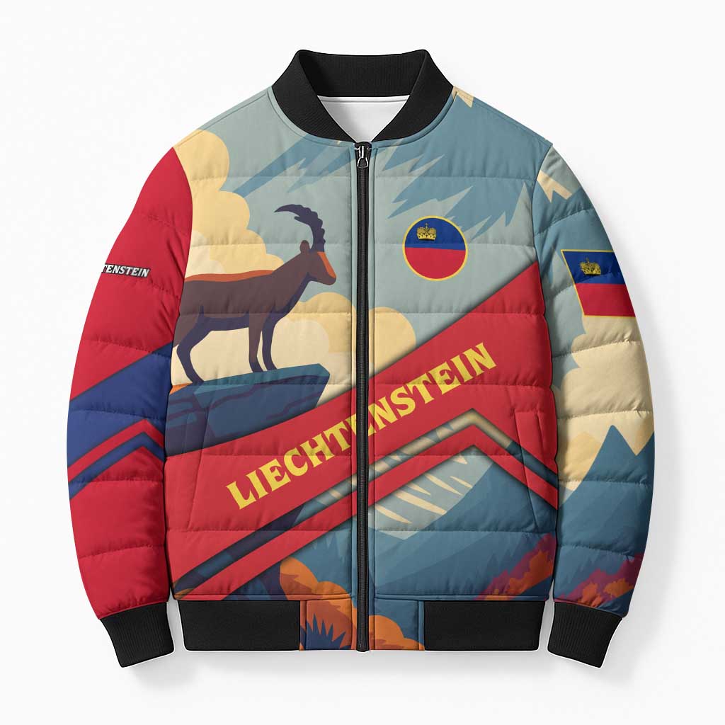 Liechtenstein Bomber Puffer Jacket with Mountain Goat Landscape Design and Red Blue Alps - Wonder Print Shop