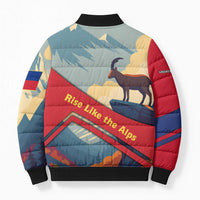 Multicolor puffer bomber jacket, back view with mountain peaks and "Rise Like the Alps"