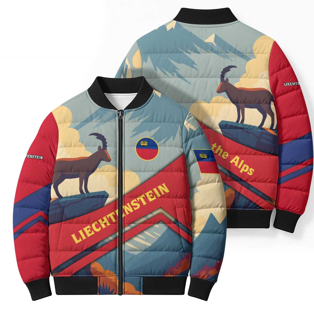 Multicolor puffer bomber jacket showing front and back views with goat landscape and text