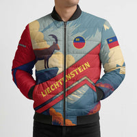 Multicolor puffer bomber jacket, front view with goat-and-mountain graphic and ribbed cuffs