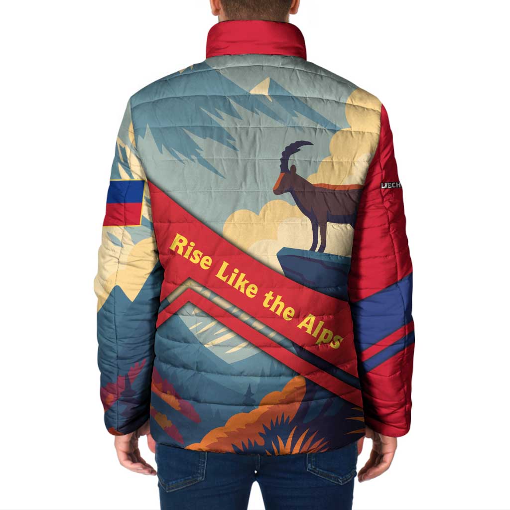 Multicolor padded jacket with full-zip and back landscape graphic with text banner