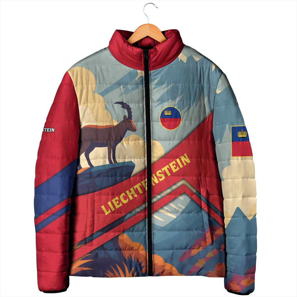 Multicolor padded jacket with stand collar, full-zip front, and landscape scene graphic