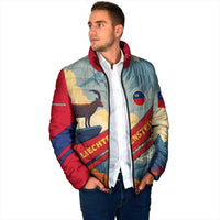 Multicolor padded jacket with full-zip and red, blue, and beige landscape design