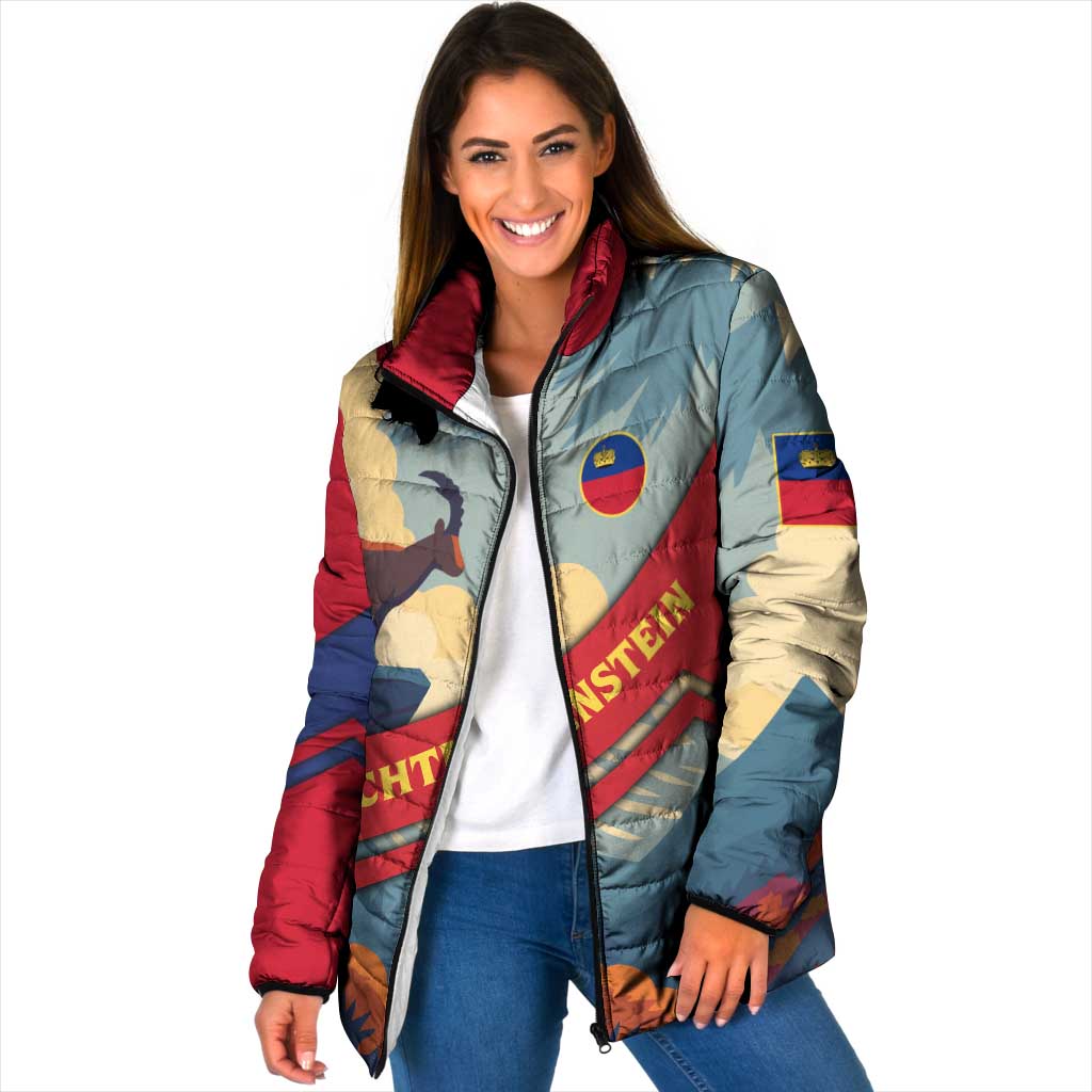 Multicolor padded jacket with full-zip, stand collar, and patriotic landscape print