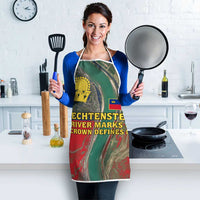 Apron with red and green aerial river print, yellow crown badge, neck and waist ties