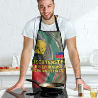 Cooking apron with colorful aerial river graphic, yellow crown emblem, black neck strap