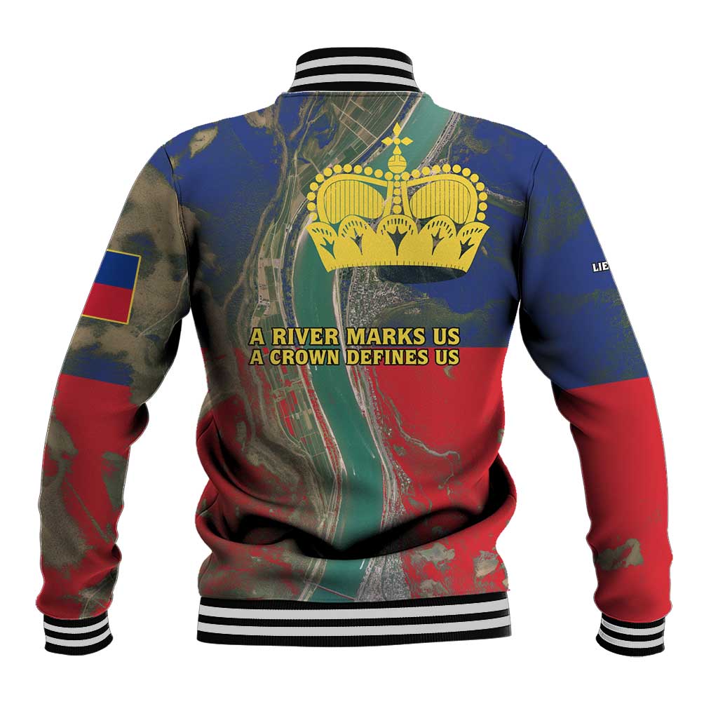 Multicolor baseball jacket back with large yellow crown emblem, red blue striped sleeves