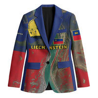 Multicolor unisex blazer with blue lapels, red/green map print, and yellow crown graphic.