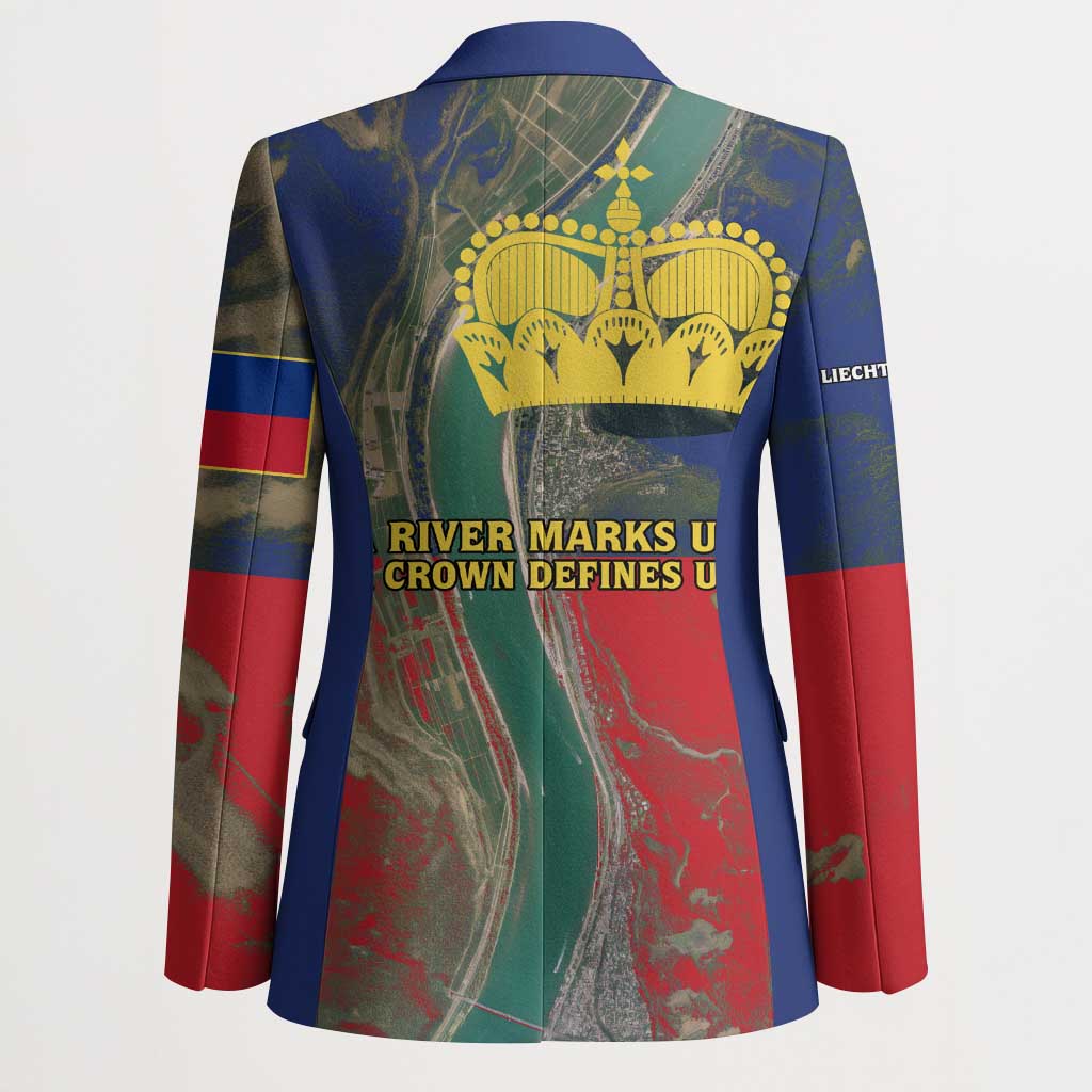 Multicolor unisex blazer back with large yellow crown graphic and slogan text panel.