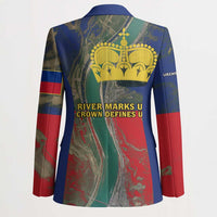 Multicolor unisex blazer back with large yellow crown graphic and slogan text panel.