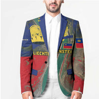 Multicolor unisex blazer with blue lapels, yellow crown emblem, and red/green river print.