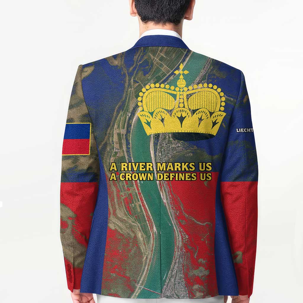 Multicolor unisex blazer back with yellow crown and text reading “A river marks us”.