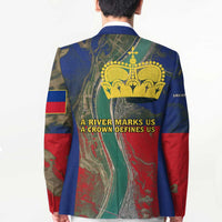 Multicolor unisex blazer back with yellow crown and text reading “A river marks us”.