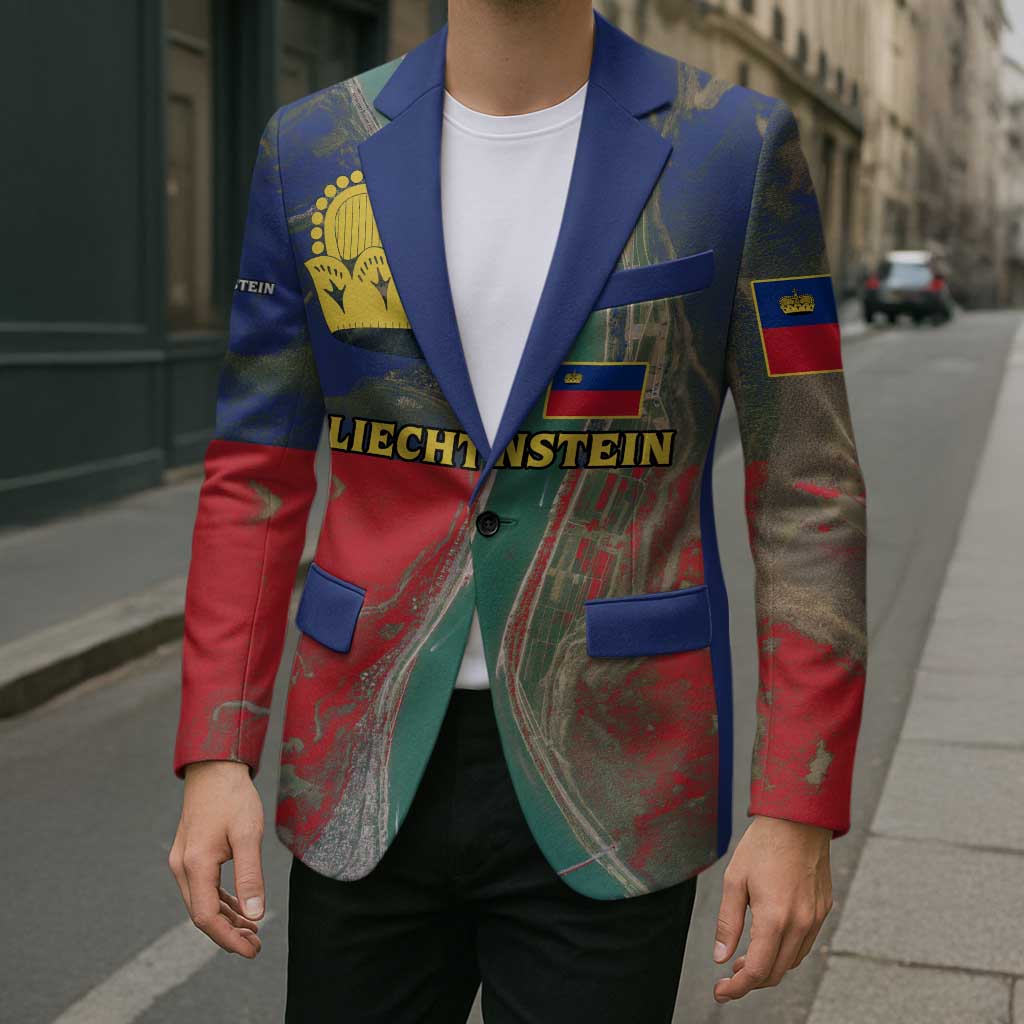 Multicolor unisex blazer with blue lapels, yellow crown emblem, and red/green river print.
