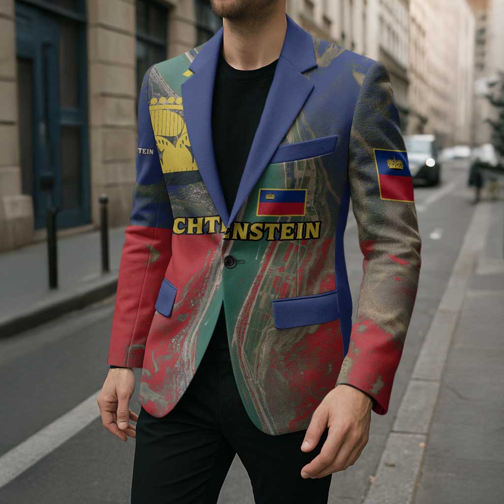 Multicolor unisex blazer with blue trim, chest patch pockets, and yellow crown river motif.