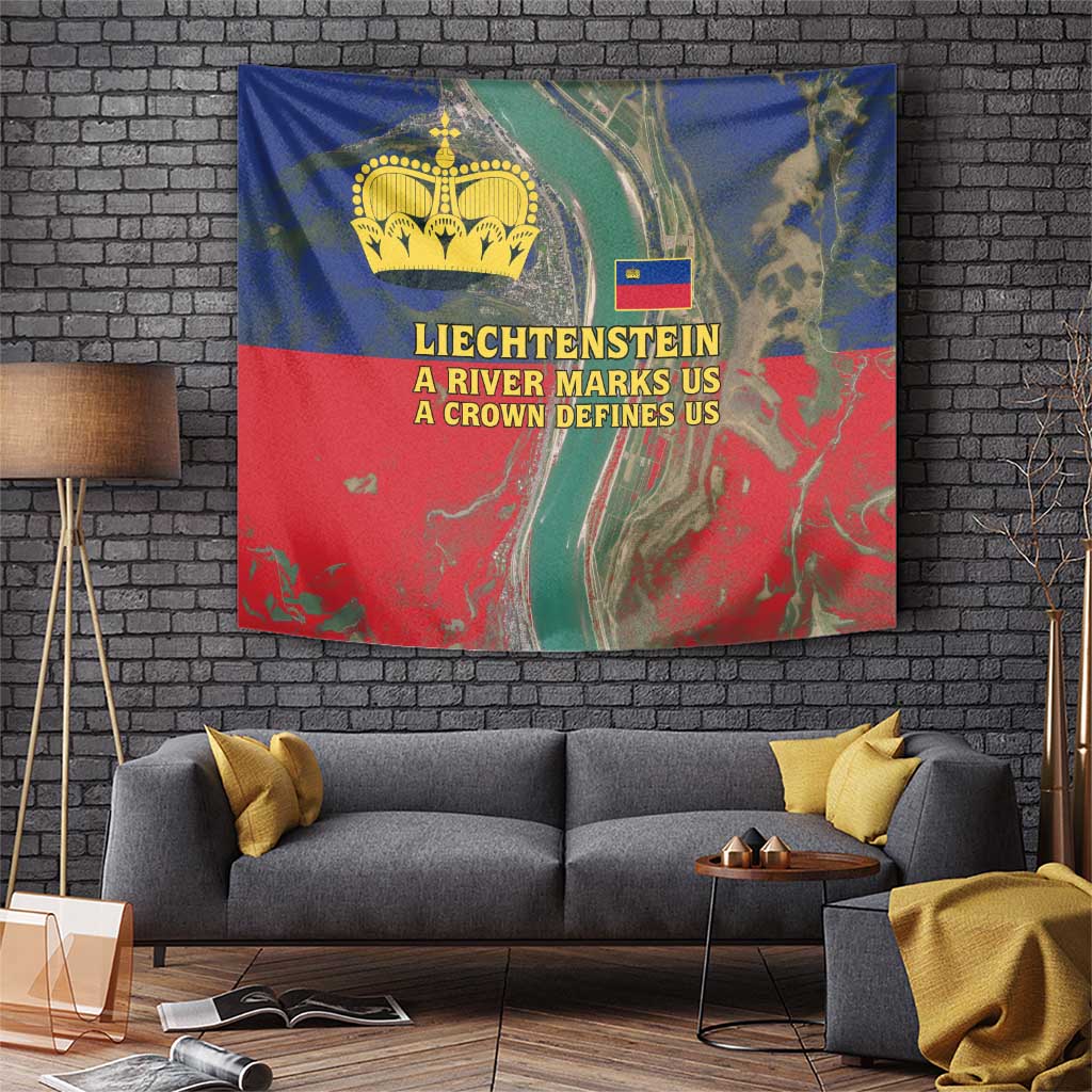 Liechtenstein Tapestry with Red Blue Aerial River Design and Yellow Crown Emblem - Wonder Print Shop