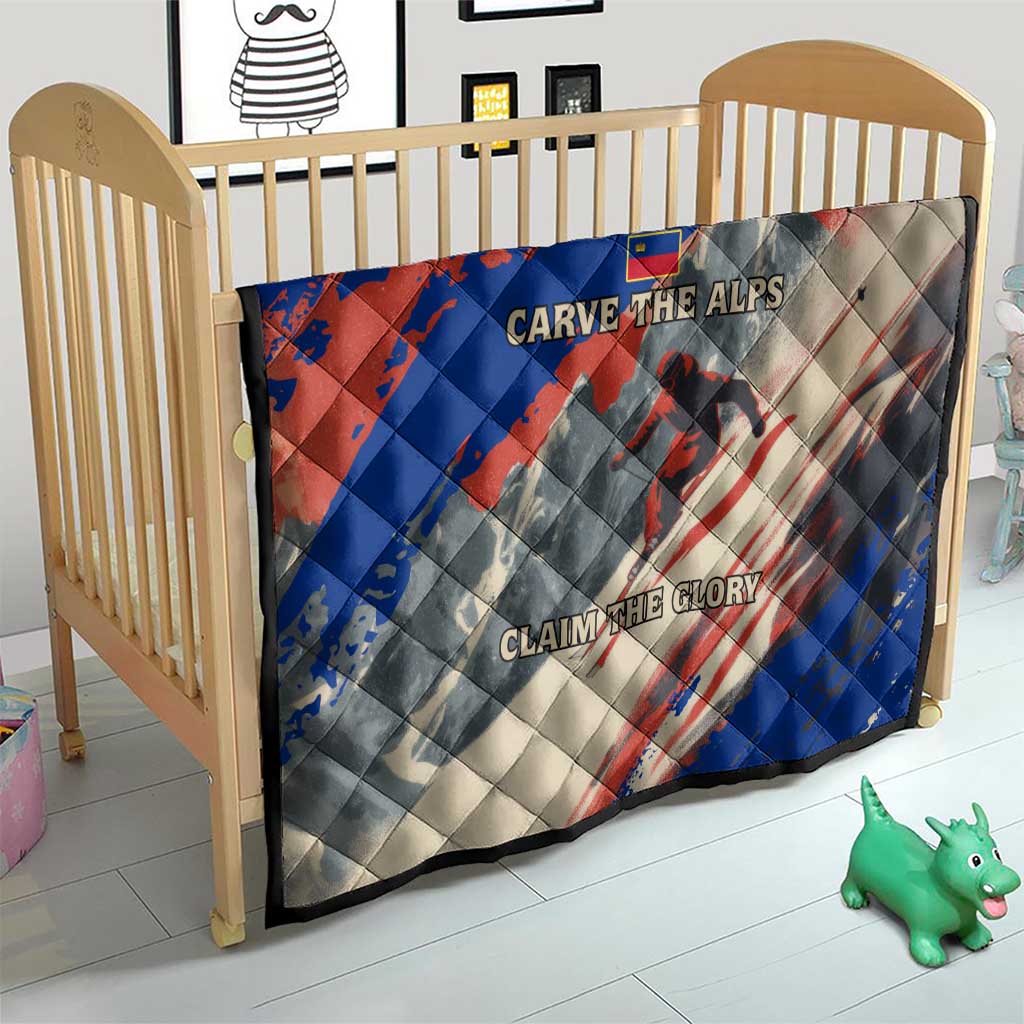 Diamond-quilted quilt on a light wood crib with red, blue, and gray alpine skiing graphic