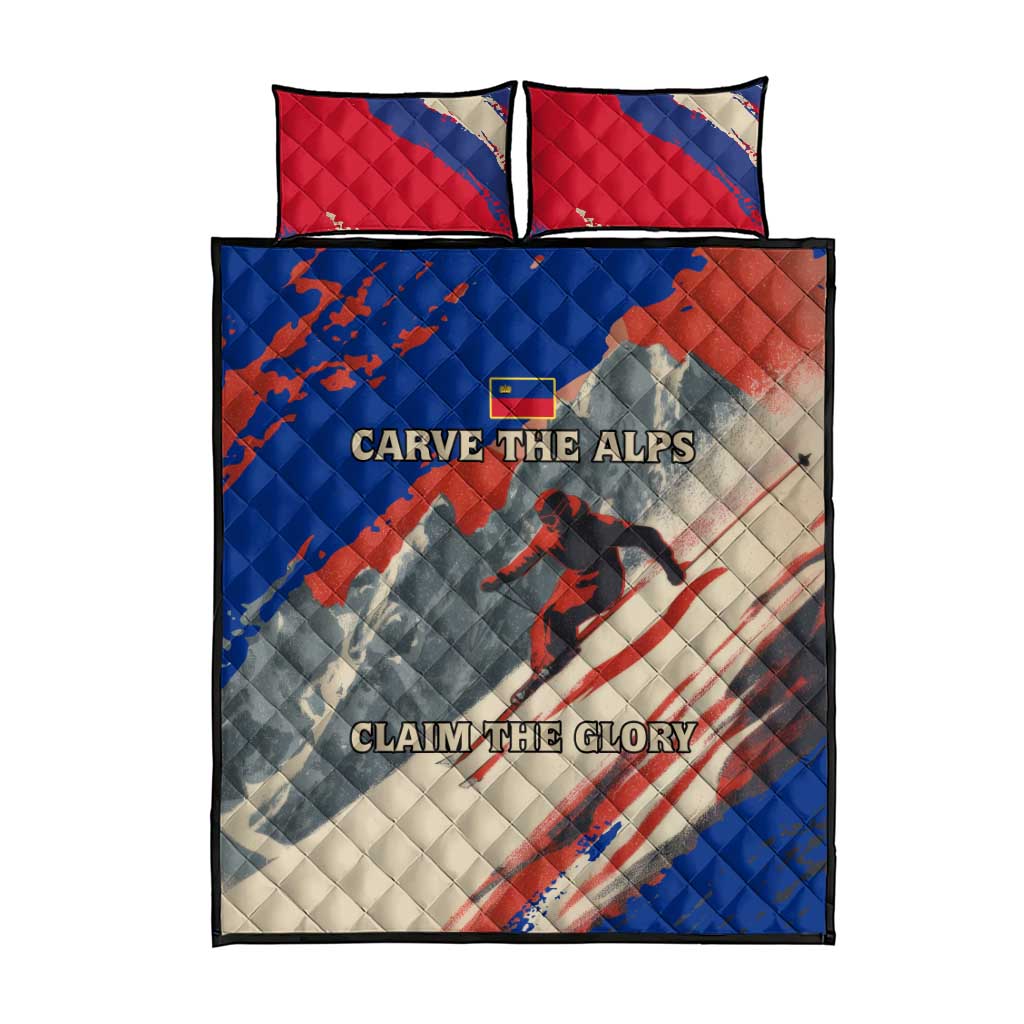 Quilt bed set with red, blue and gray alpine skiing design, quilt with two pillow shams