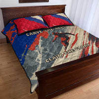 Quilt bed set with alpine skiing graphic and bold text, quilt with 2 pillow shams