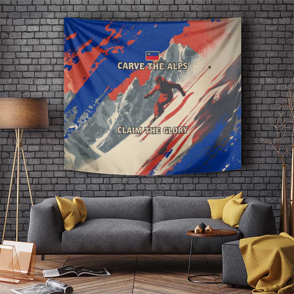 Liechtenstein Tapestry with Alpine Skiing Red Blue Design and Mountain Landscape - Wonder Print Shop