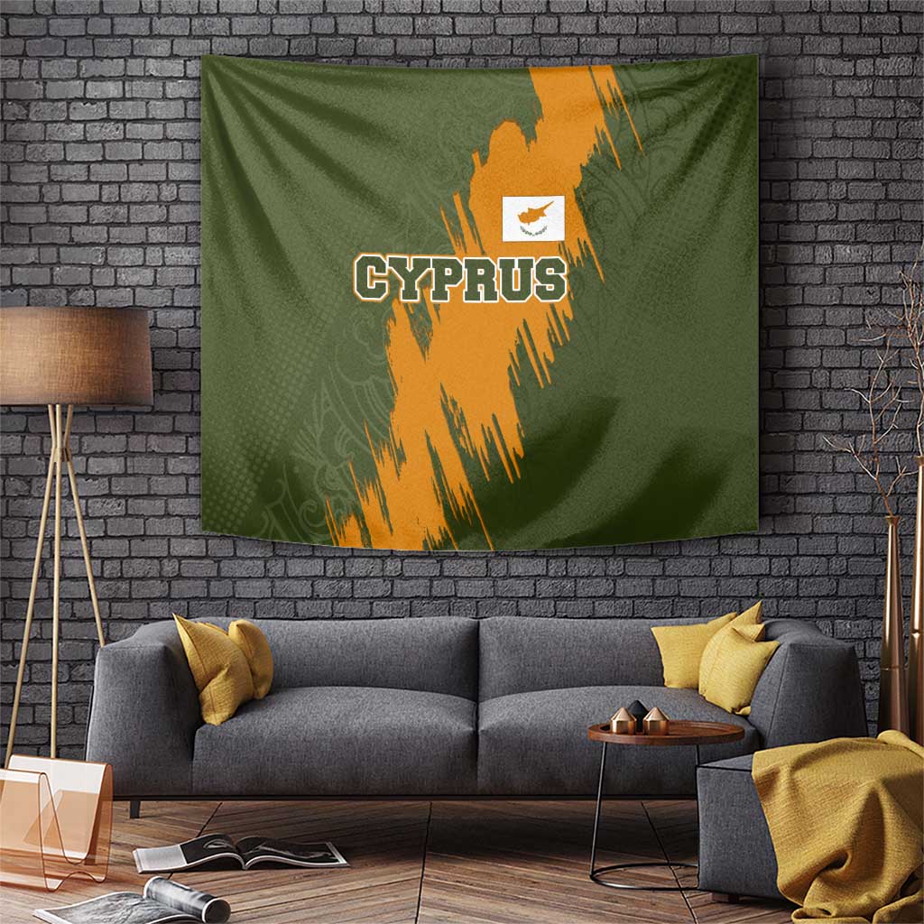 Cyprus Tapestry with Green Orange Brushstroke Design and National Emblem - Wonder Print Shop