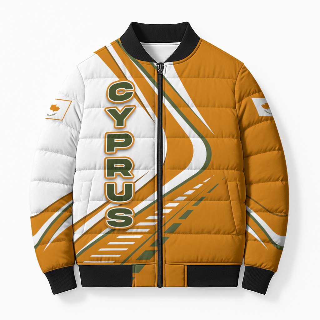 Cyprus Bomber Puffer Jacket with Orange White Abstract Streak Design and Flag Emblem - Wonder Print Shop