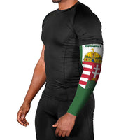 Green Hungarian arm sleeves with flag crest design, worn on one arm with black top