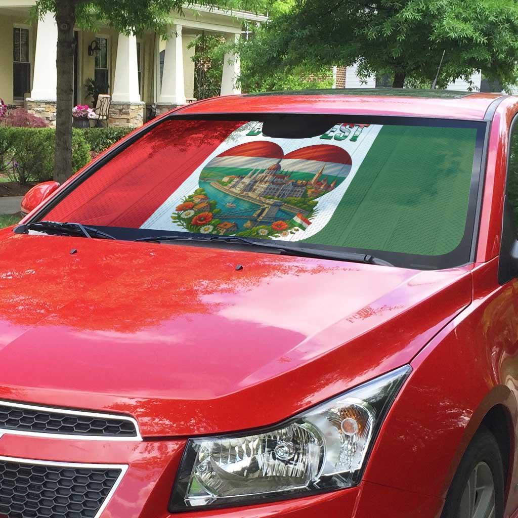 Hungary Auto Sun Shade with Budapest Heart Illustration Design and Crown Emblem - Wonder Print Shop