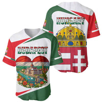 Pair of baseball jerseys: Budapest and HUNGARY crest designs on flag colors