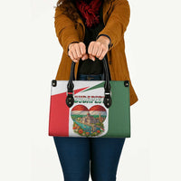 Tricolor leather tote bag with black handles and Budapest heart emblem front
