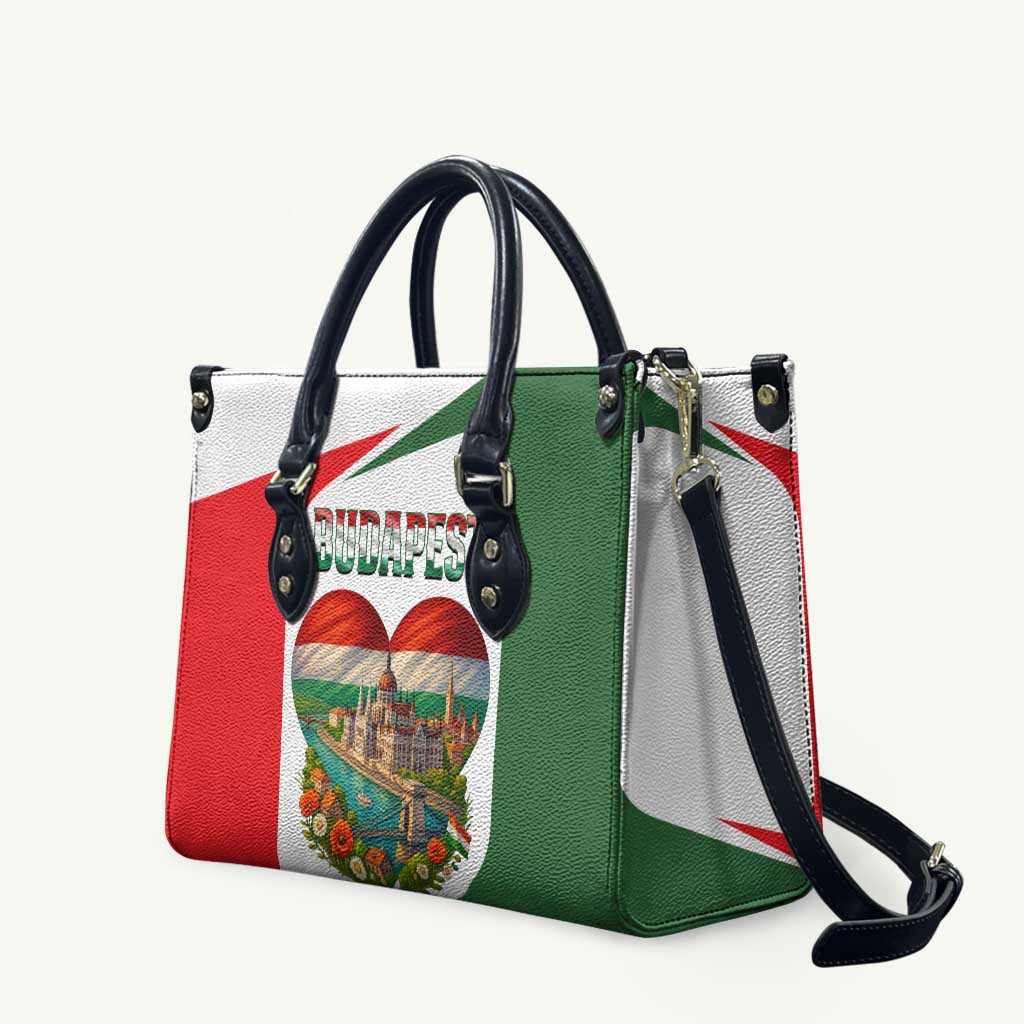 Tricolor tote bag with black handles and crossbody strap, Budapest heart panel