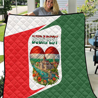 Hungary quilt with Budapest heart emblem; red, green, and white quilted cover