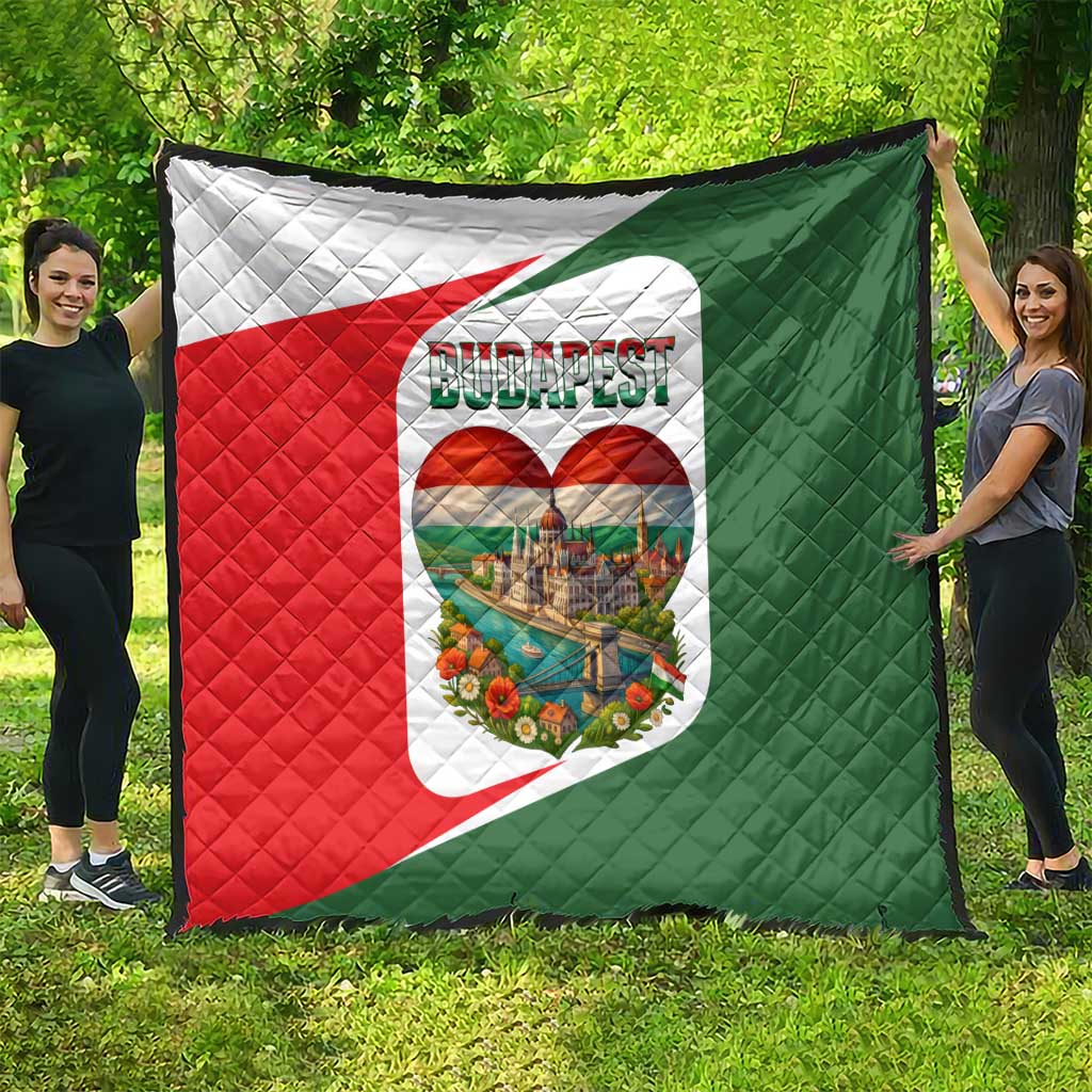 Quilt with Budapest heart graphic and crown emblem, red and green quilted fabric