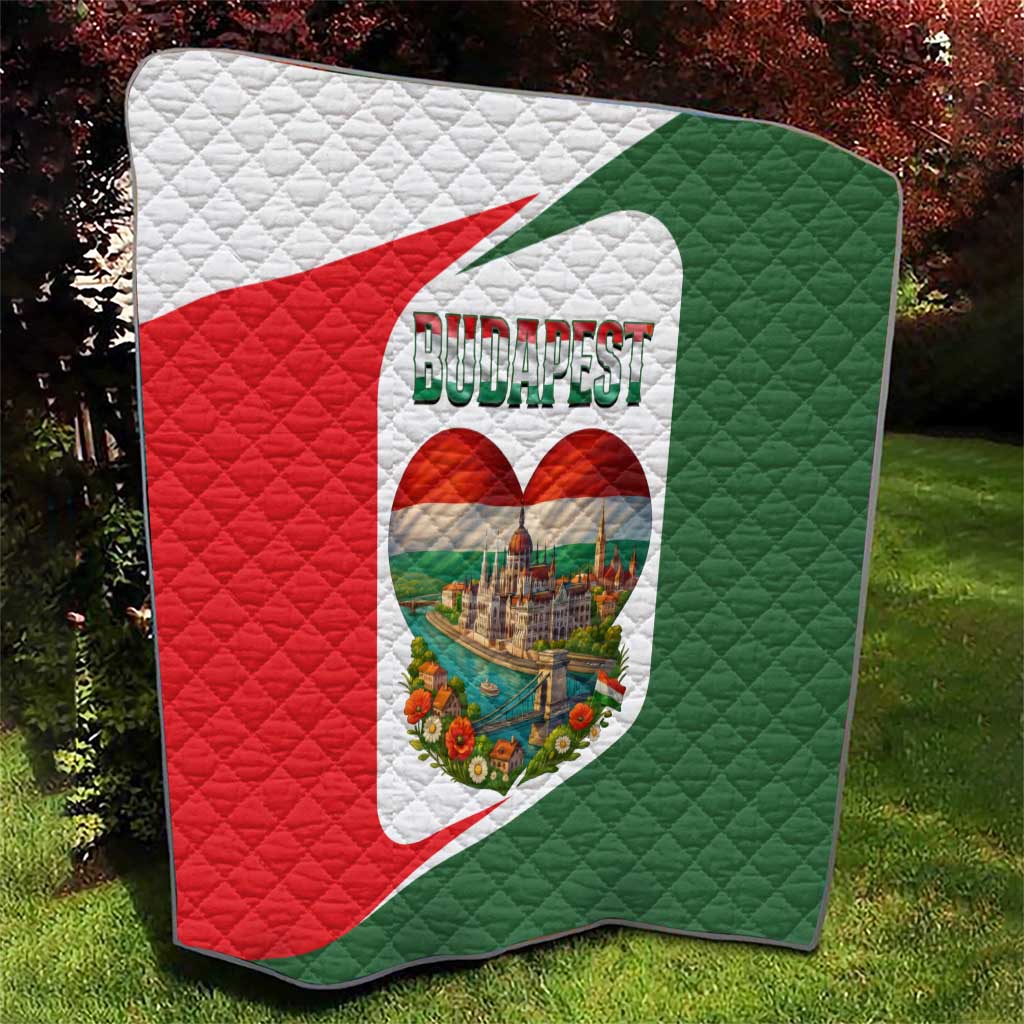 Quilted Hungary throw featuring Budapest heart design in red, green, and white