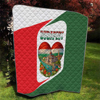 Quilted Hungary throw featuring Budapest heart design in red, green, and white